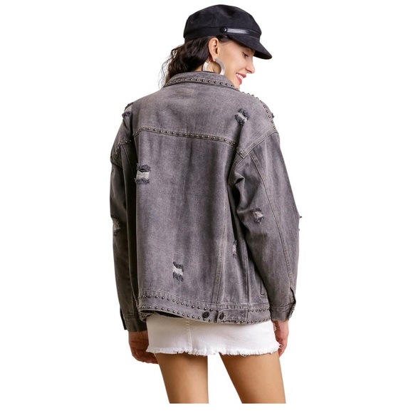 UMGEE Distressed Denim Jacket with non functional Pockets & Studs Large - Picture 2 of 13